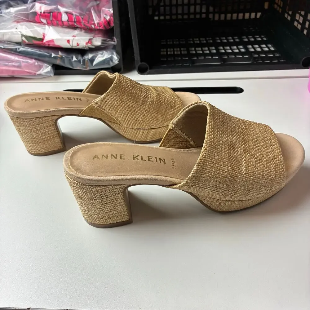 Anne Klein Payge Raffia Block Platform Heels Slip On Sandals 7.5 iFlex Stretch